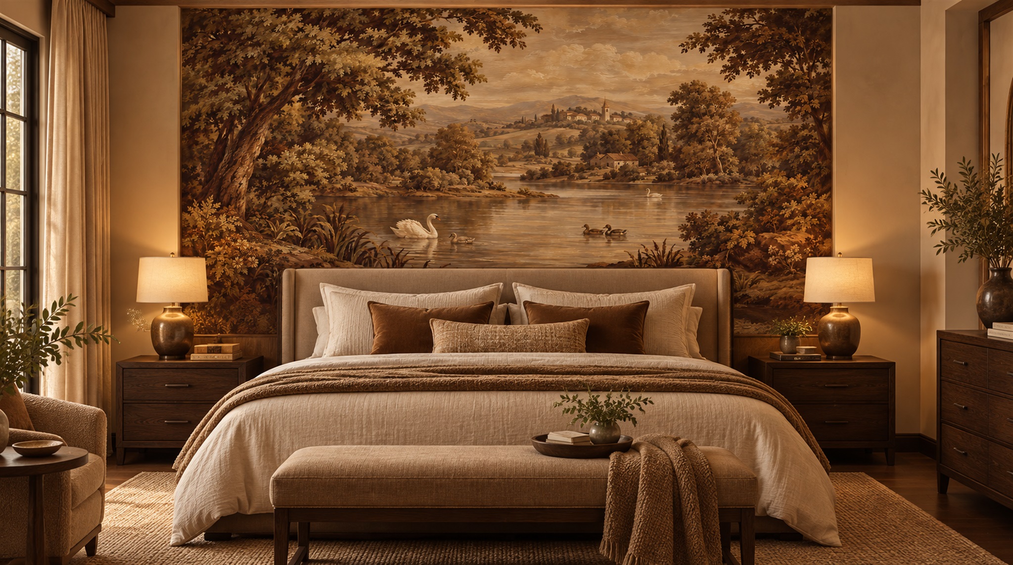 Brown And Red A Painterly Scenic View Wallpaper Mural Dining-room-wallpaper-murals, Shown In A Dining Room, Peel-and-stick Finish