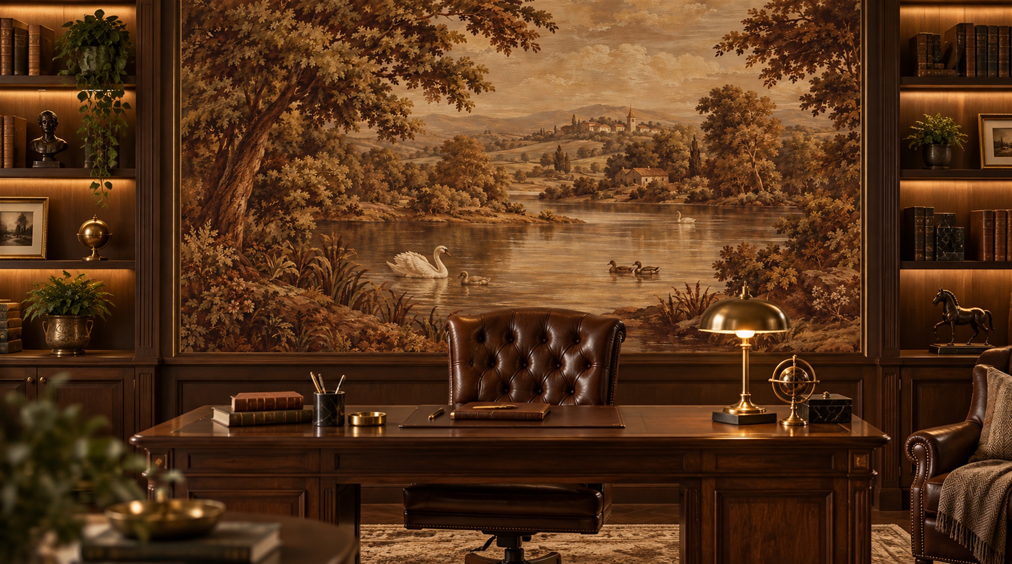 Brown And Red A Painterly Scenic View Wallpaper Mural Living-room-wallpaper-murals, Peel-and-stick Finish