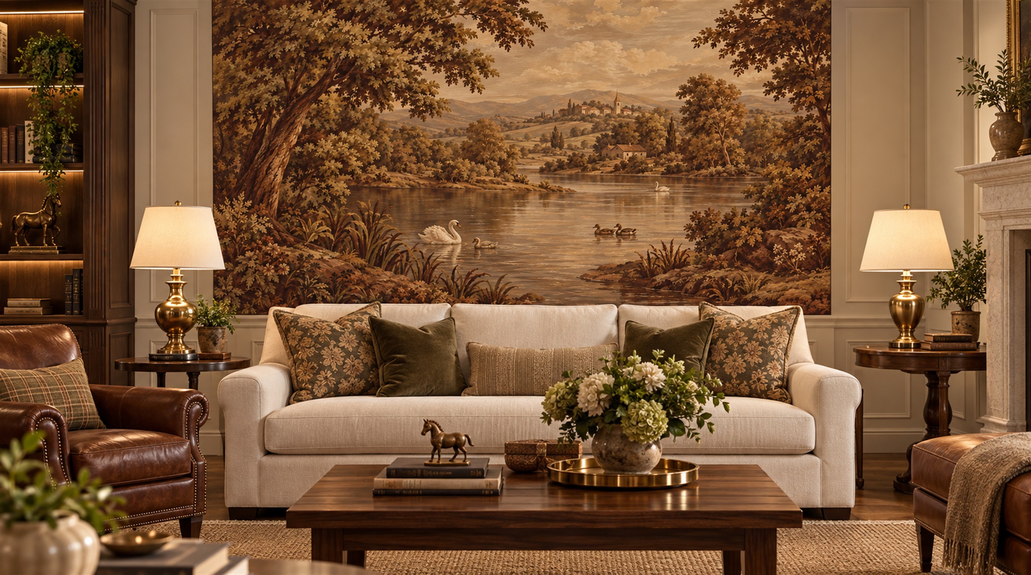 Brown And Red A Painterly Scenic View Wallpaper Mural Accent-wall-wallpaper-murals, Peel-and-stick Finish