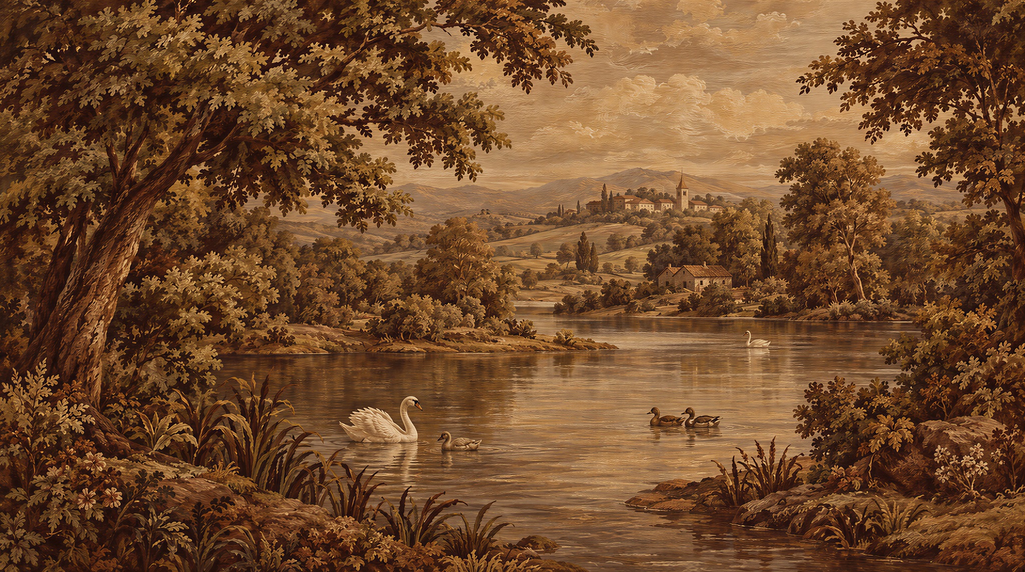 Swans On A Sepia Woodland Lake Wallpaper Mural — Wallpaper Mural Design, Peel-and-stick Finish