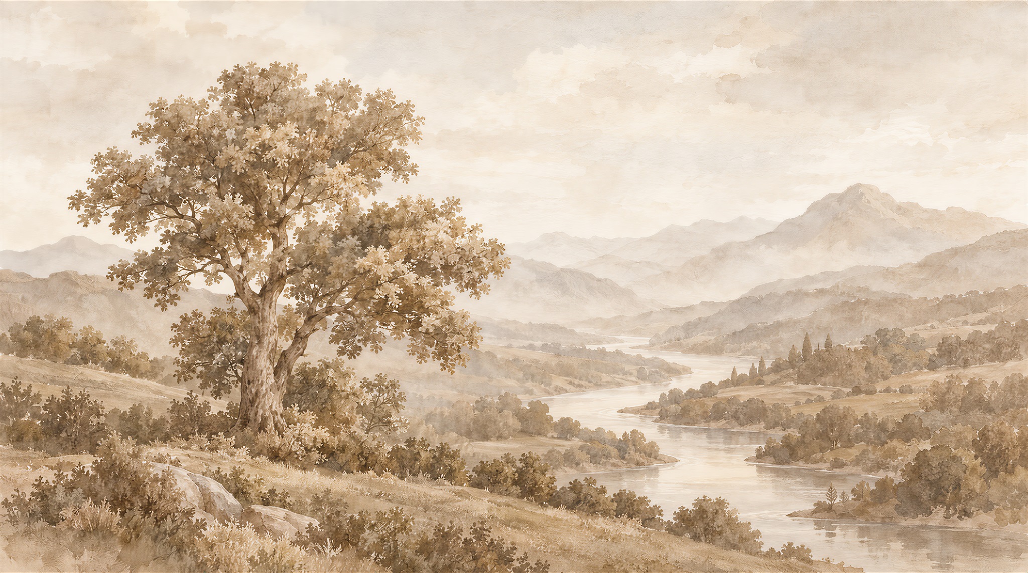 Ivory Countryside Tree And Winding Stream Wallpaper Mural — Wallpaper Mural Design, Peel-and-stick Finish