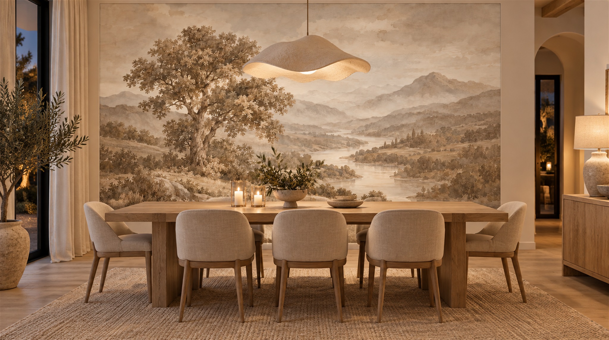 Ivory And Red A Painterly Scenic View Bedroom-wallpaper-murals, Peel-and-stick Finish