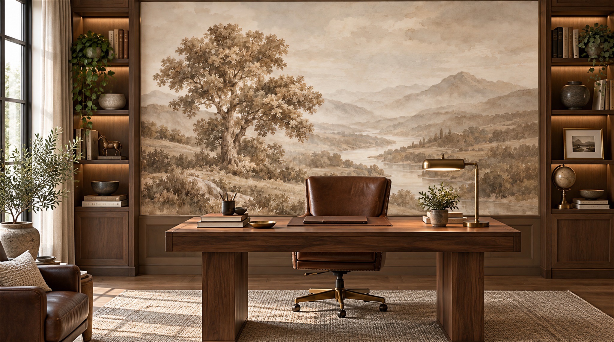 Ivory And Red A Painterly Scenic View Living-room-wallpaper-murals, Shown In A Living Room, Peel-and-stick Finish