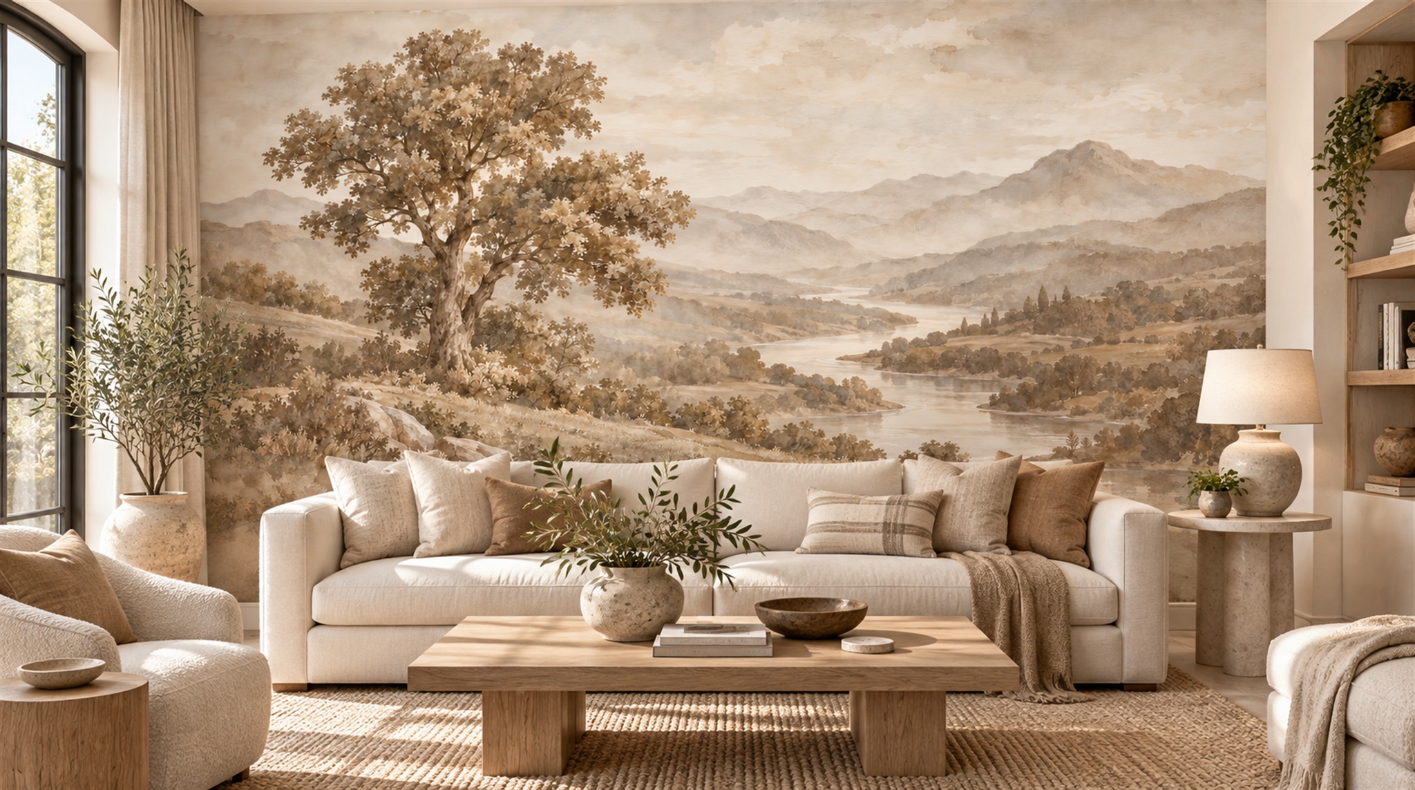 Ivory And Red A Painterly Scenic View Office-wallpaper-murals, Shown In A Home Office, Peel-and-stick Finish