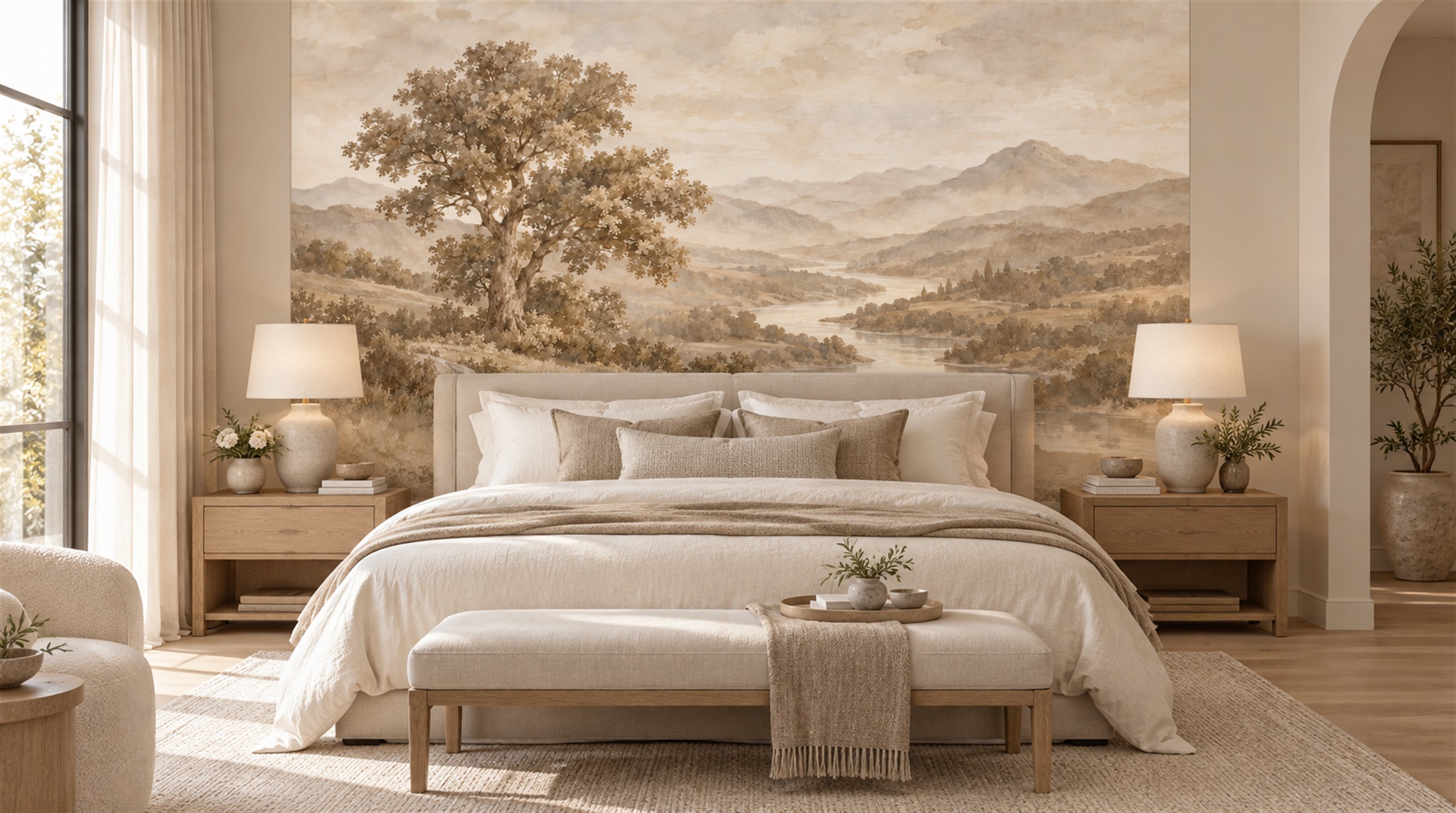 Ivory And Red A Painterly Scenic View Dining-room-wallpaper-murals, Shown In A Dining Room, Peel-and-stick Finish