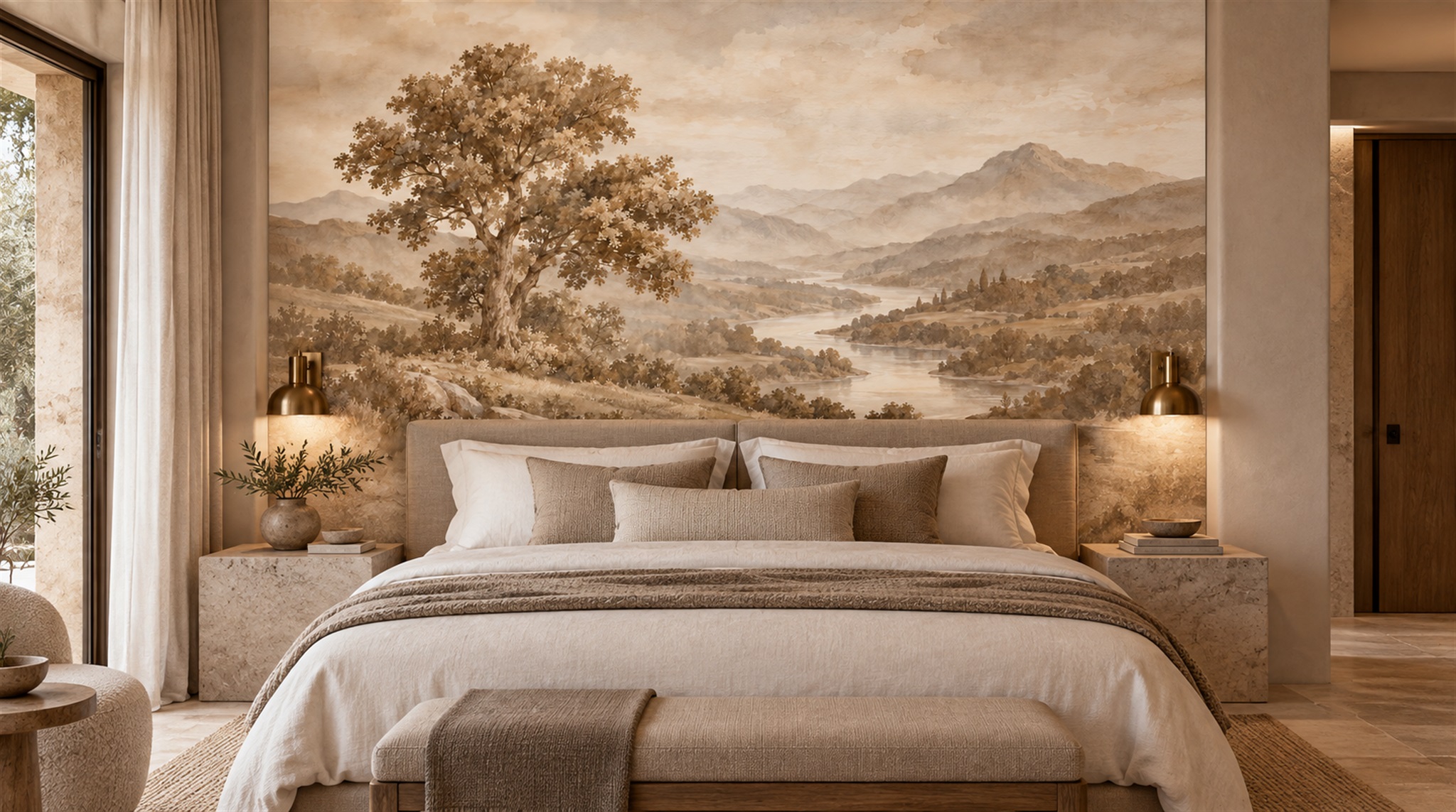 Ivory And Red A Painterly Scenic View Feature-wall-wallpaper-murals, Peel-and-stick Finish