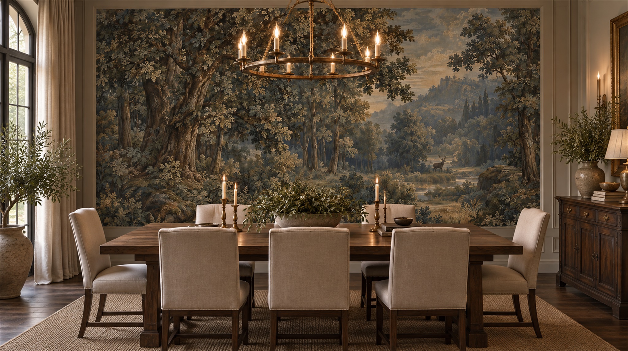 Red And Neutral Woodland Trees Wallpaper Mural Bedroom-wallpaper-murals, Peel-and-stick Finish