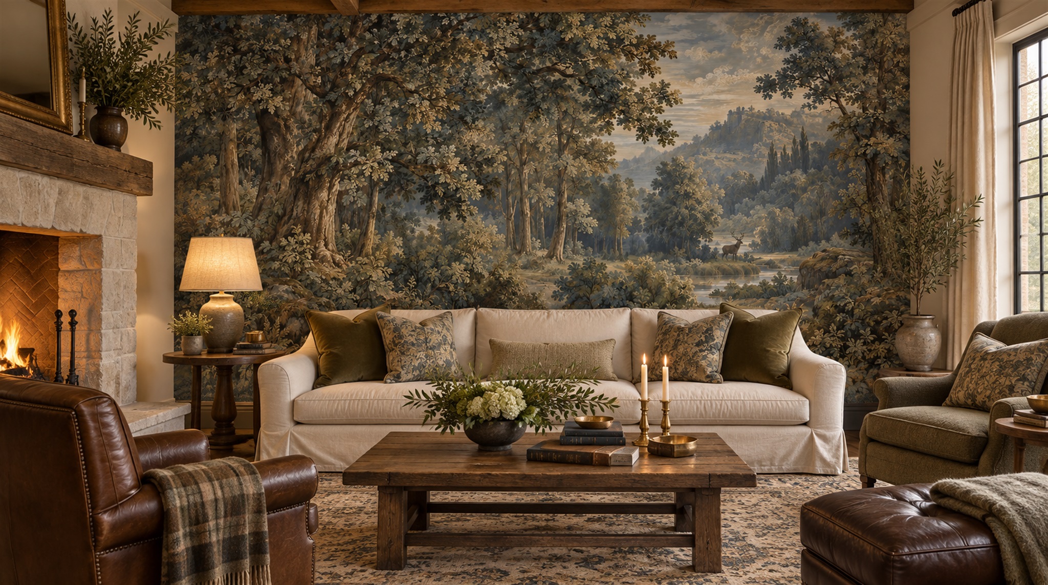 Red And Neutral Woodland Trees Wallpaper Mural Office-wallpaper-murals, Shown In A Home Office, Peel-and-stick Finish