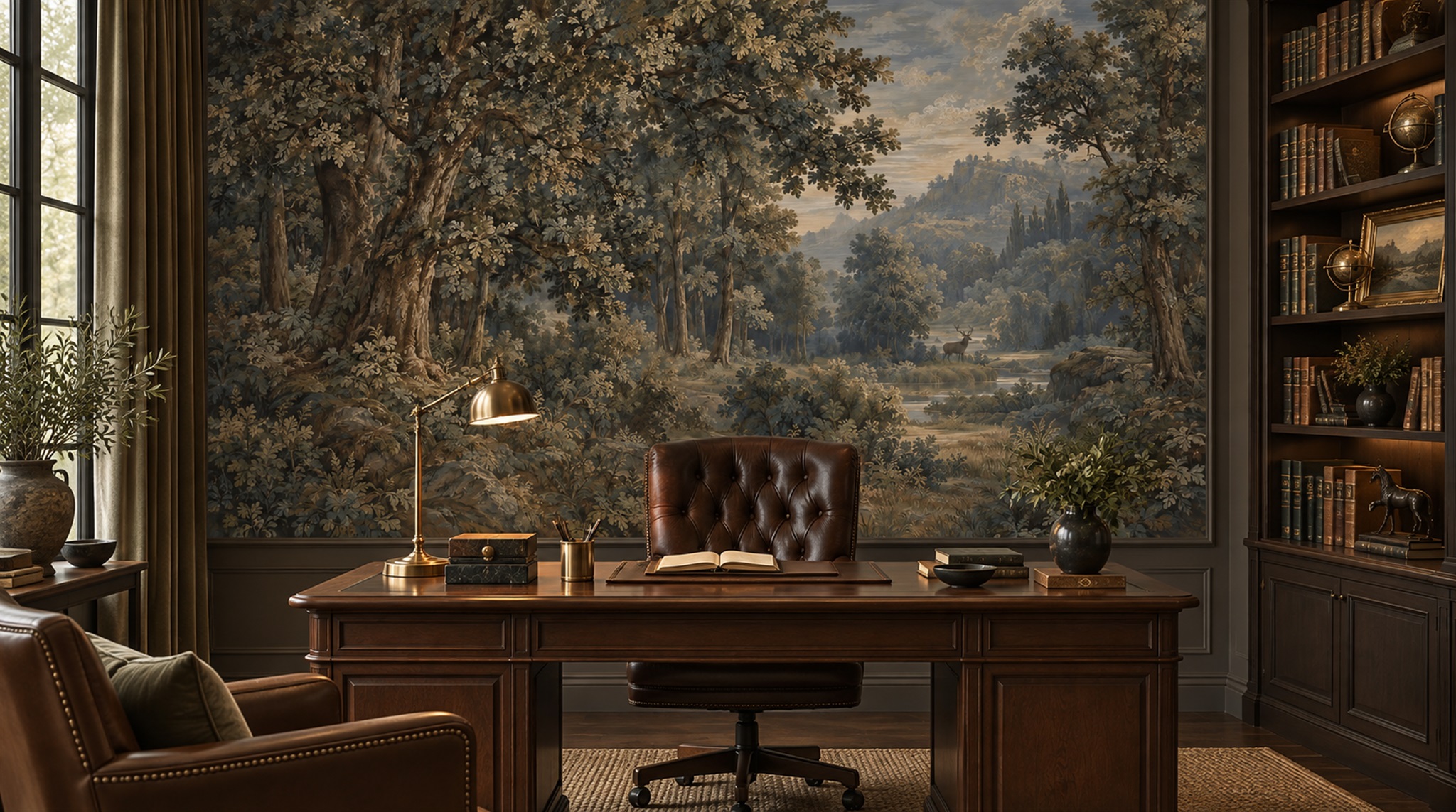 Red And Neutral Woodland Trees Wallpaper Mural Living-room-wallpaper-murals, Shown In A Living Room, Peel-and-stick Finish