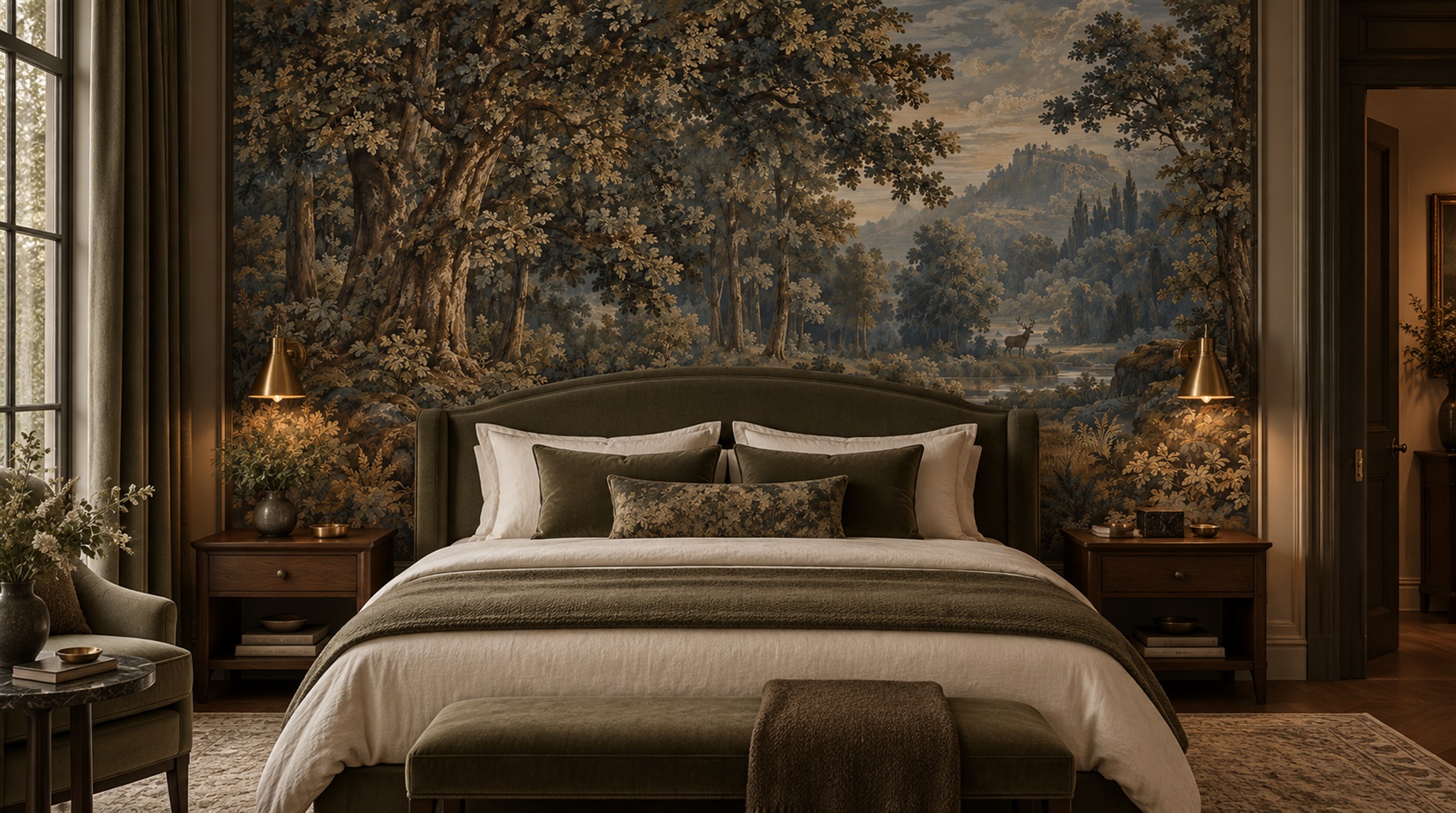 Red And Neutral Woodland Trees Wallpaper Mural, Peel-and-stick Finish