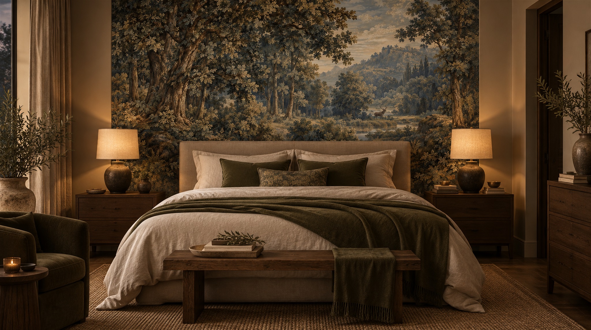 Red And Neutral Woodland Trees Wallpaper Mural Dining-room-wallpaper-murals, Shown In A Dining Room, Peel-and-stick Finish