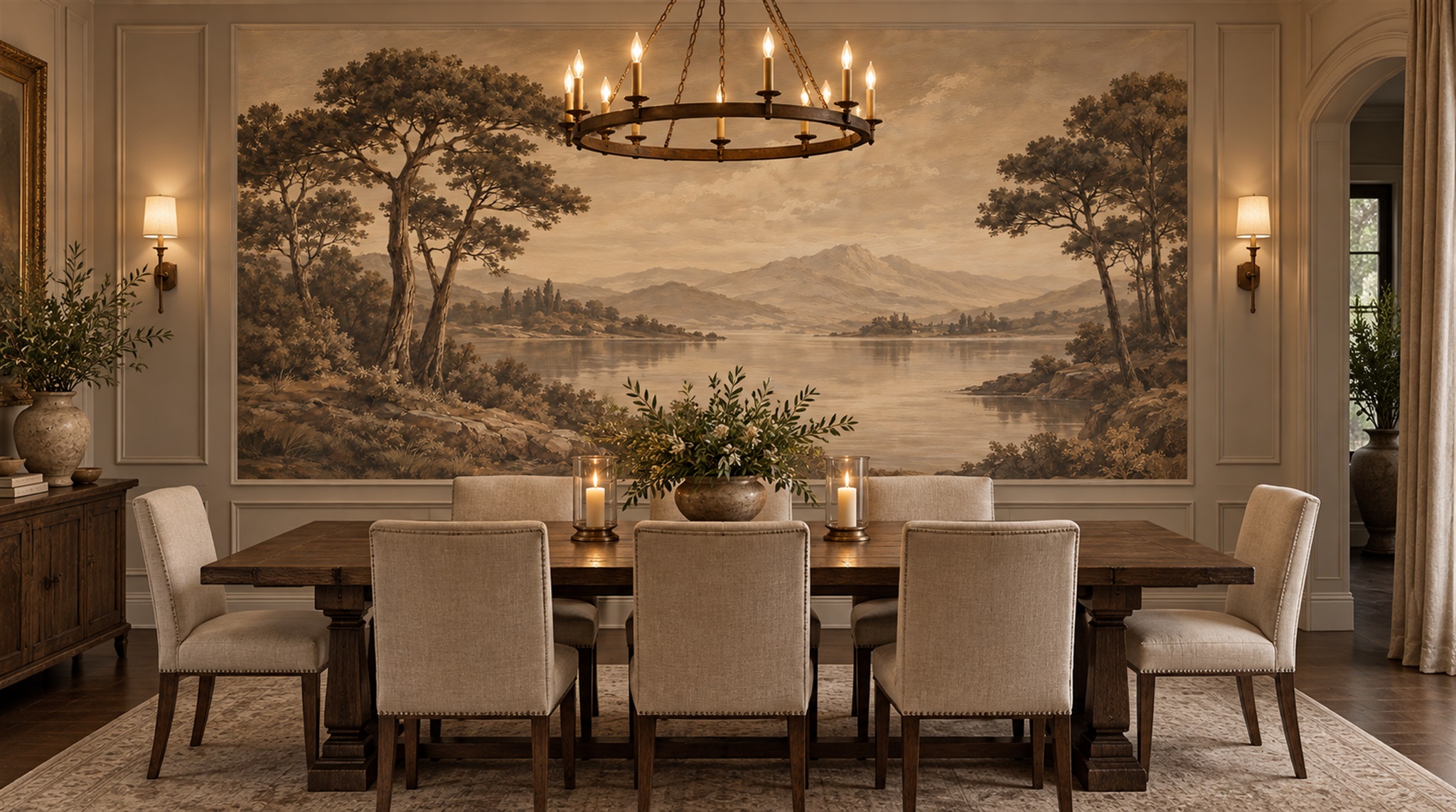 Red And Neutral A Painterly Scenic View Textured Wallpaper Bedroom-wallpaper-murals, Peel-and-stick Finish