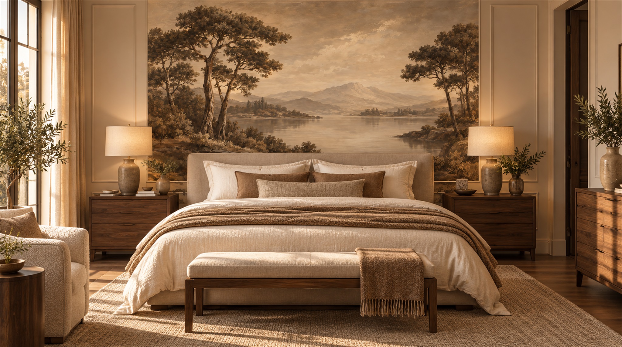 Red And Neutral A Painterly Scenic View Textured Wallpaper Dining-room-wallpaper-murals, Shown In A Dining Room, Peel-and-stick Finish