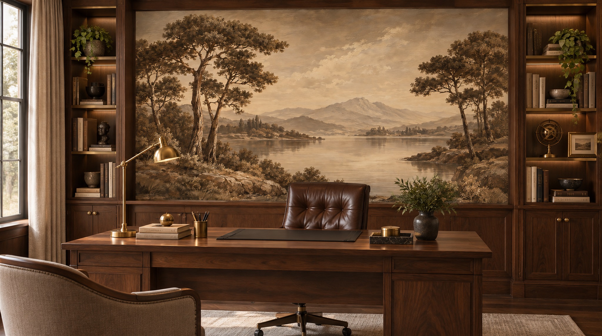 Red And Neutral A Painterly Scenic View Textured Wallpaper Living-room-wallpaper-murals, Shown In A Living Room, Peel-and-stick Finish