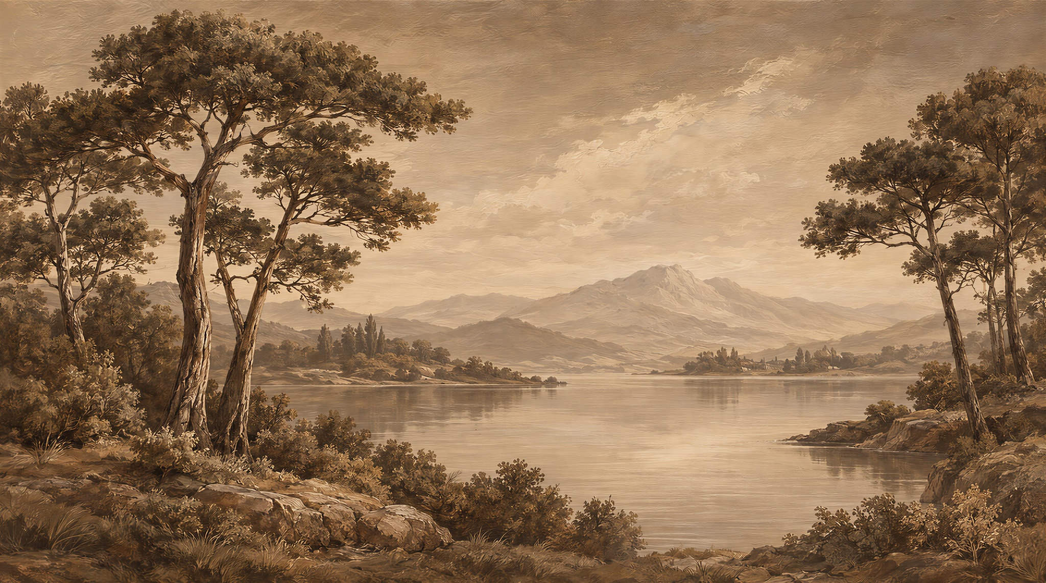 Warm Sepia Mountain Lake Wallpaper Mural — Wallpaper Mural Design, Peel-and-stick Finish
