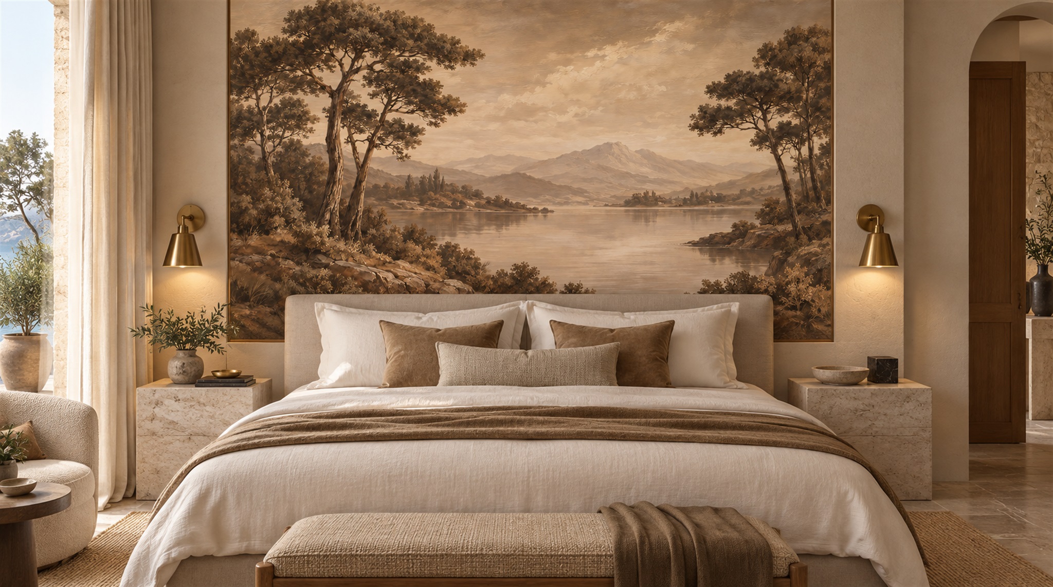 Red And Neutral A Painterly Scenic View Textured Wallpaper Accent-wall-wallpaper-murals, Peel-and-stick Finish