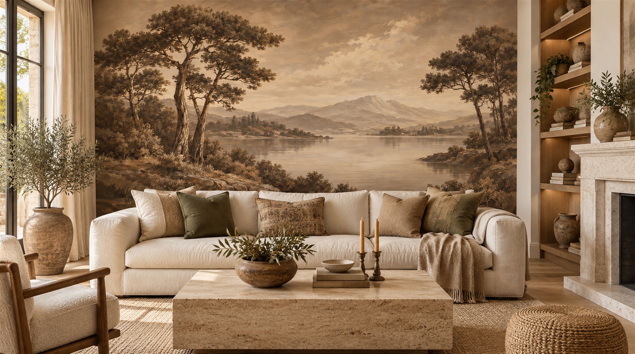 Red And Neutral A Painterly Scenic View Textured Wallpaper Office-wallpaper-murals, Shown In A Home Office, Peel-and-stick Finish