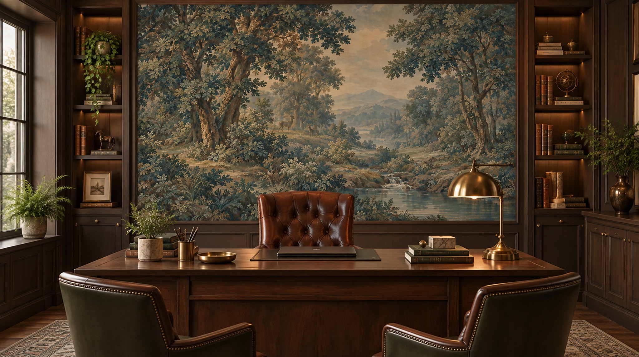 Red And Teal A Painterly Scenic View Wallpaper Mural Living-room-wallpaper-murals, Shown In A Living Room, Peel-and-stick Finish