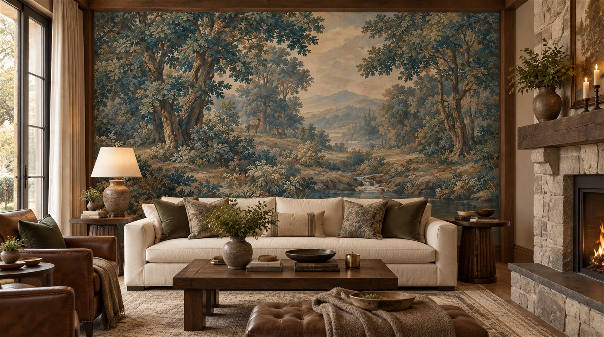 Red And Teal A Painterly Scenic View Wallpaper Mural Office-wallpaper-murals, Shown In A Home Office, Peel-and-stick Finish