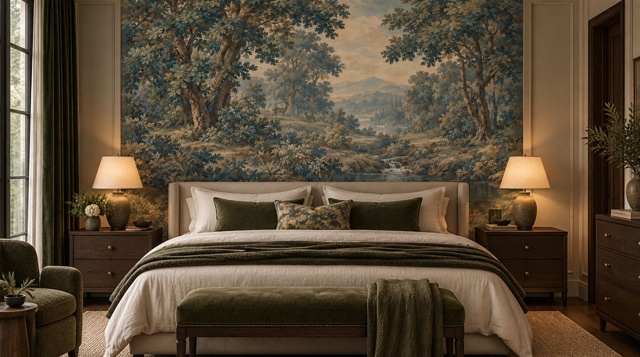 Red And Teal A Painterly Scenic View Wallpaper Mural Dining-room-wallpaper-murals, Shown In A Dining Room, Peel-and-stick Finish