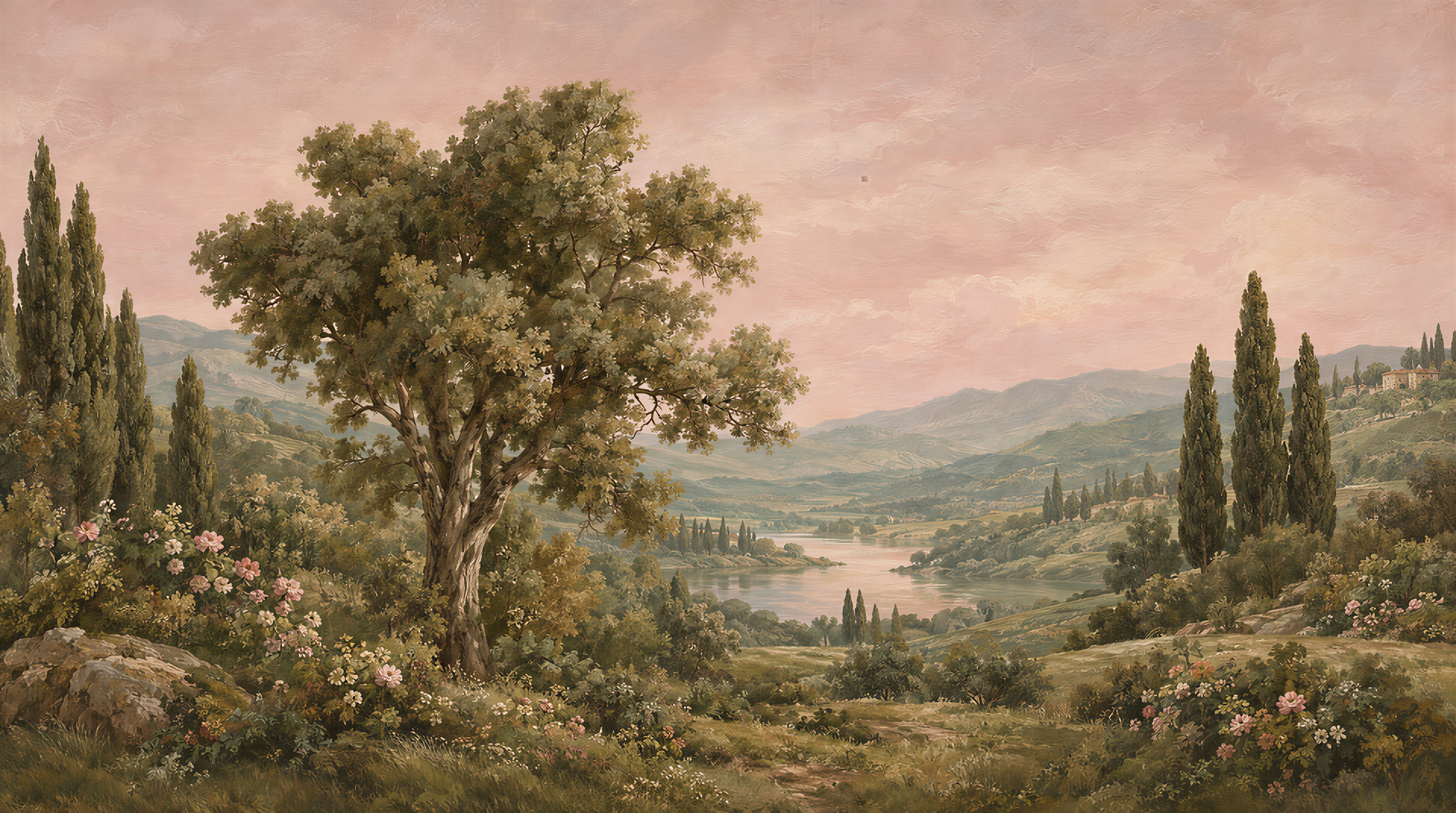 Red And Pink A Painterly Scenic View Wallpaper Mural, Peel-and-stick Finish