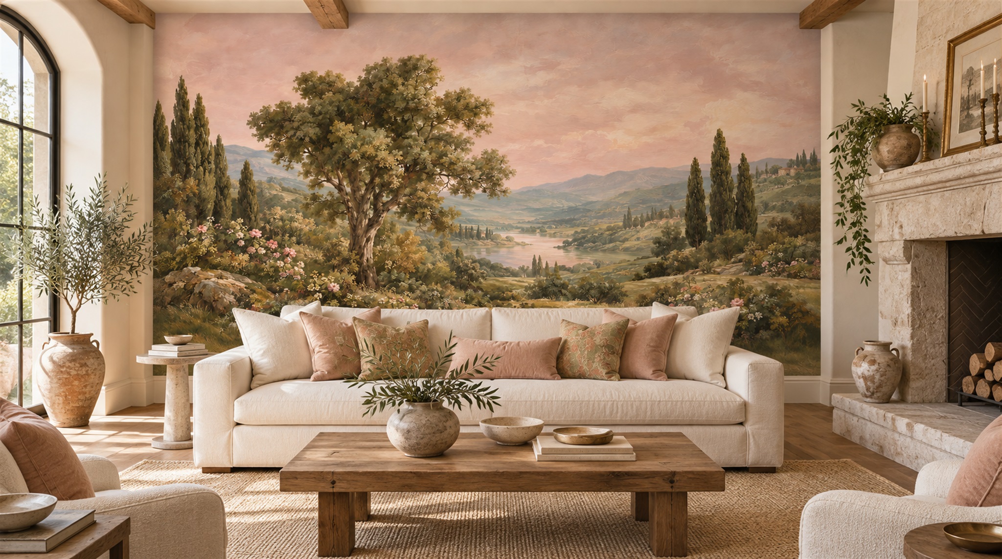 Red And Pink A Painterly Scenic View Wallpaper Mural Office-wallpaper-murals, Shown In A Home Office, Peel-and-stick Finish