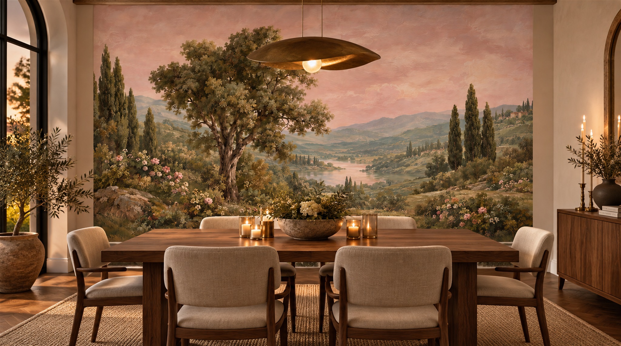 Red And Pink A Painterly Scenic View Wallpaper Mural Bedroom-wallpaper-murals, Peel-and-stick Finish