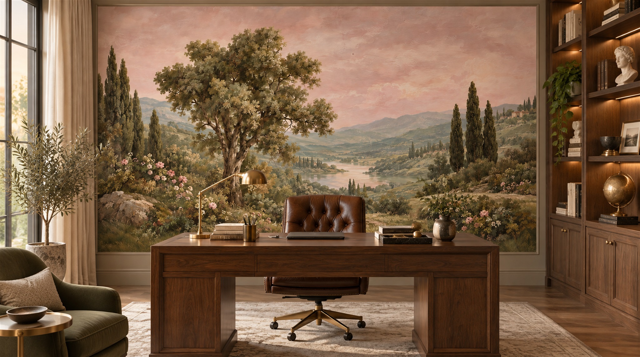 Red And Pink A Painterly Scenic View Wallpaper Mural Living-room-wallpaper-murals, Shown In A Living Room, Peel-and-stick Finish