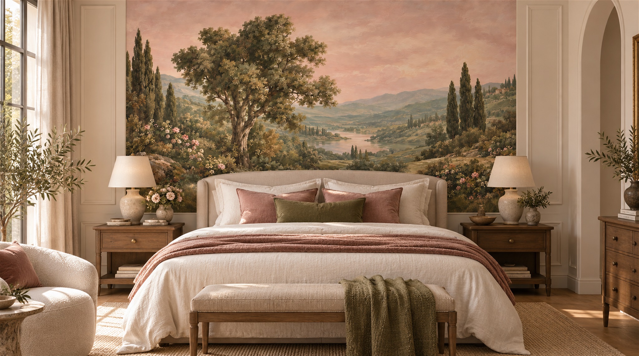 Red And Pink A Painterly Scenic View Wallpaper Mural Accent-wall-wallpaper-murals, Peel-and-stick Finish