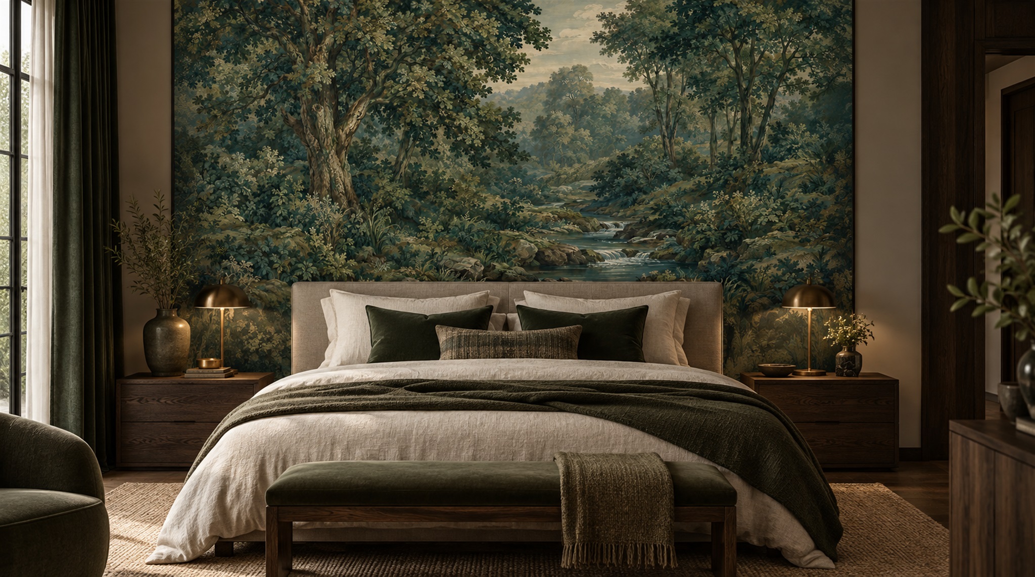 Red And Teal Woodland Trees Wallpaper Mural Dining-room-wallpaper-murals, Shown In A Dining Room, Peel-and-stick Finish