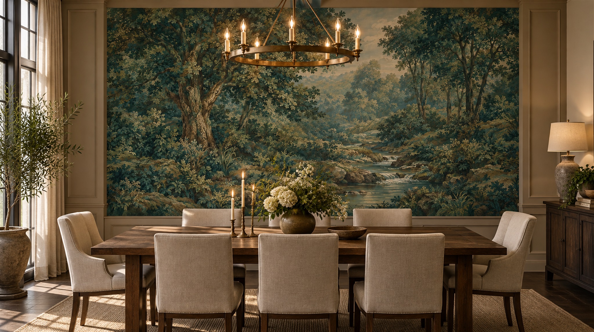 Red And Teal Woodland Trees Wallpaper Mural Bedroom-wallpaper-murals, Peel-and-stick Finish