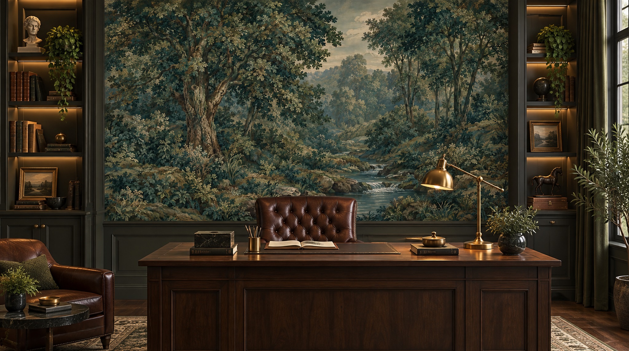 Red And Teal Woodland Trees Wallpaper Mural Living-room-wallpaper-murals, Shown In A Living Room, Peel-and-stick Finish