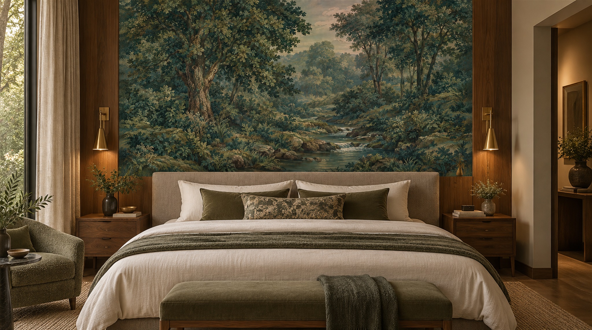 Red And Teal Woodland Trees Wallpaper Mural Accent-wall-wallpaper-murals, Peel-and-stick Finish