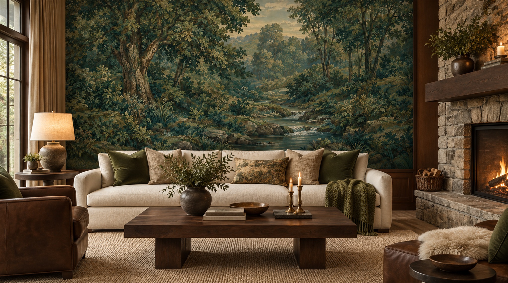 Red And Teal Woodland Trees Wallpaper Mural Accent-wall-wallpaper-murals, Peel-and-stick Finish