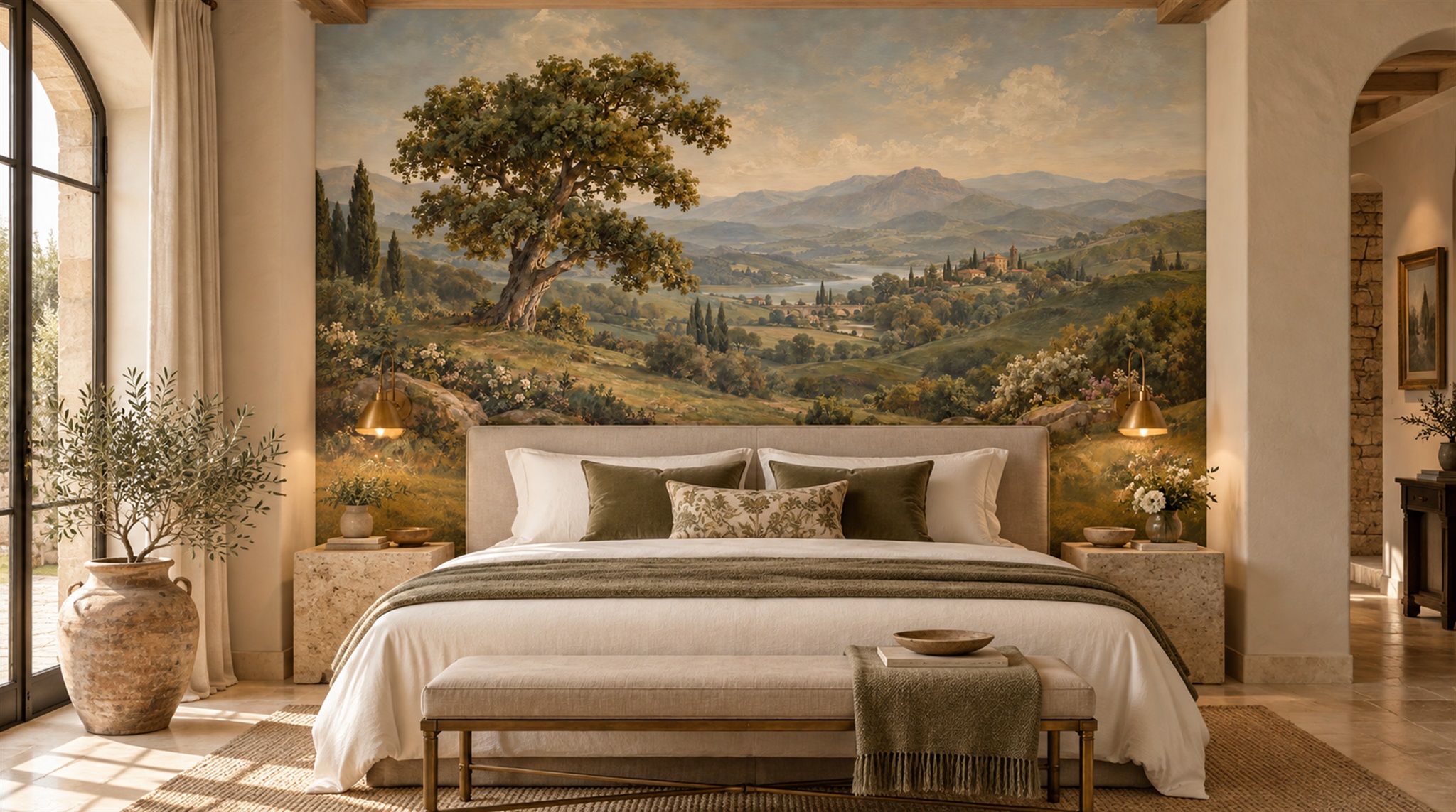 Red And Olive A Painterly Scenic View Watercolour Wallpaper Feature-wall-wallpaper-murals, Peel-and-stick Finish