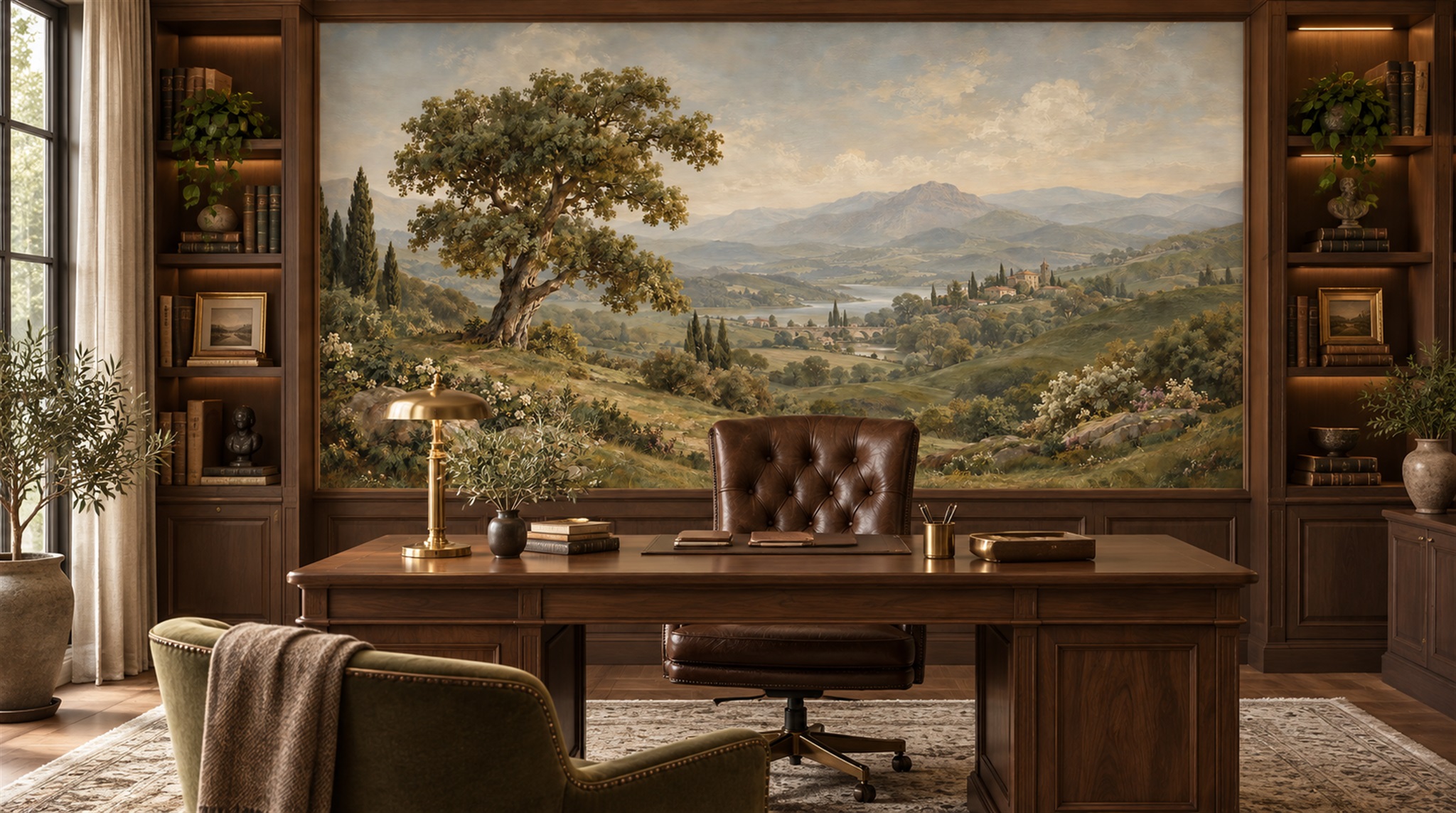 Red And Olive A Painterly Scenic View Watercolour Wallpaper Living-room-wallpaper-murals, Shown In A Living Room, Peel-and-stick Finish