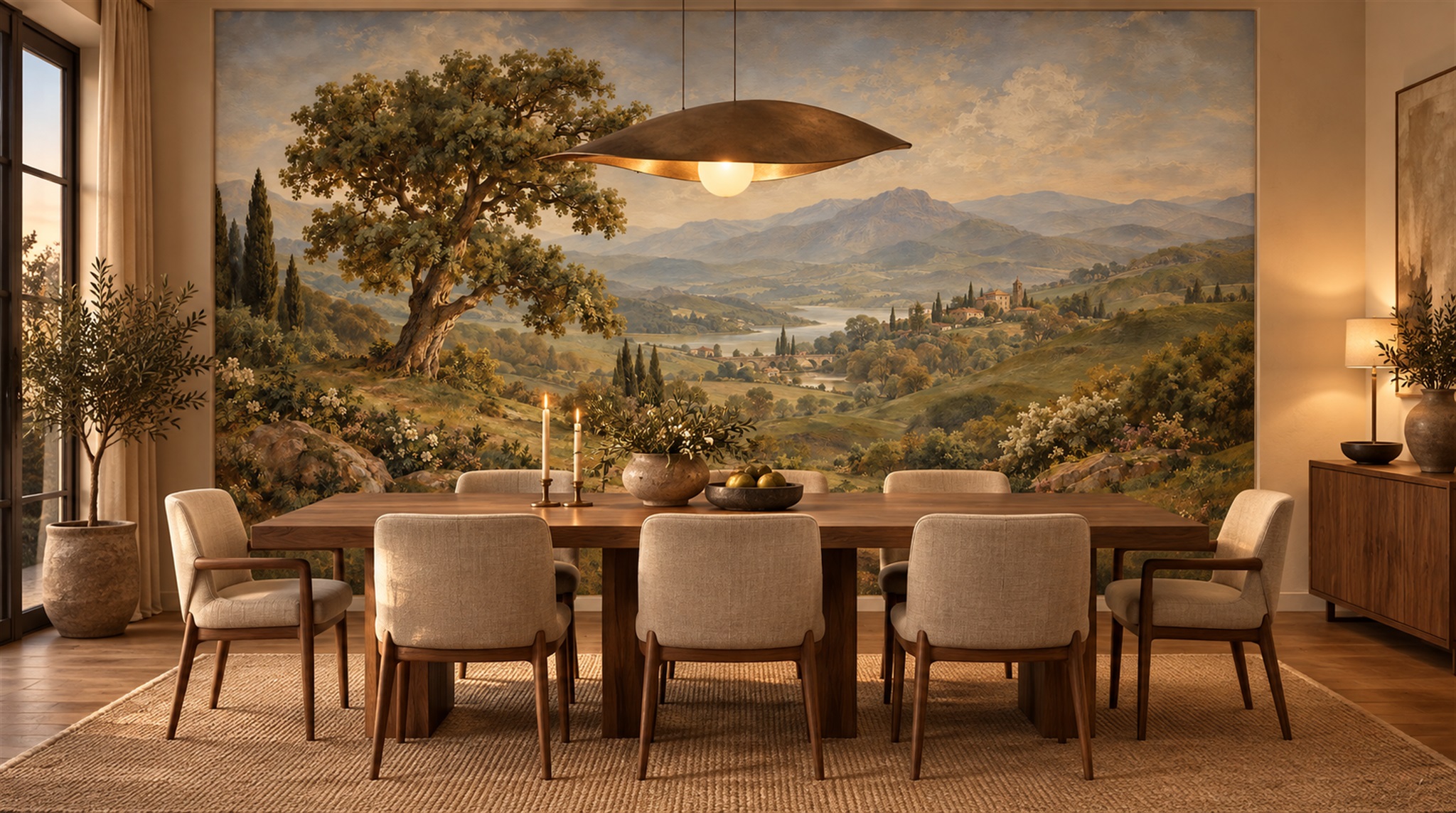 Red And Olive A Painterly Scenic View Watercolour Wallpaper Bedroom-wallpaper-murals, Peel-and-stick Finish