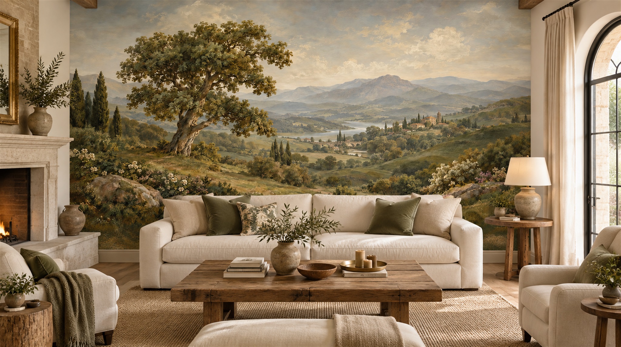 Red And Olive A Painterly Scenic View Watercolour Wallpaper Office-wallpaper-murals, Shown In A Home Office, Peel-and-stick Finish
