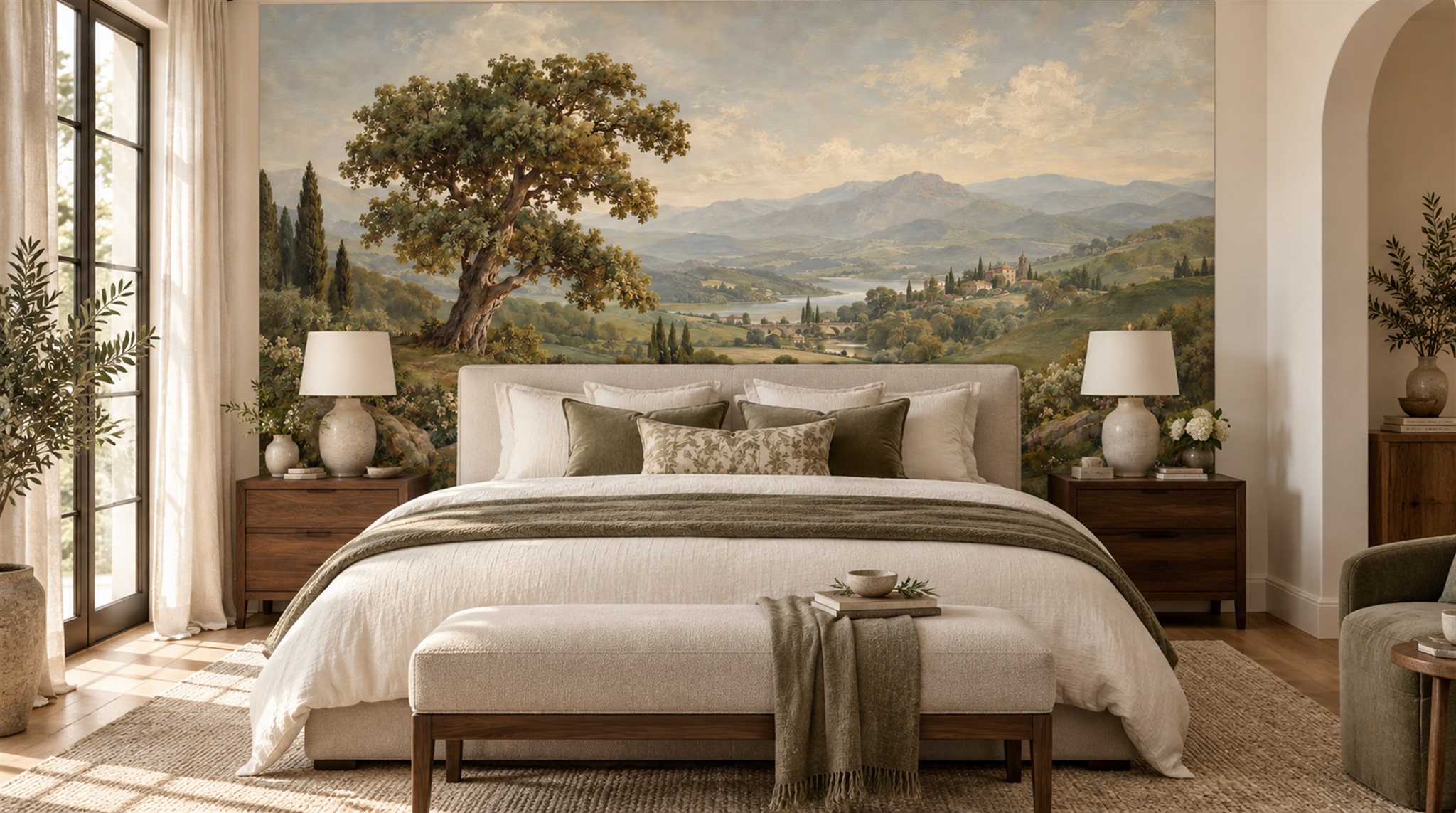 Red And Olive A Painterly Scenic View Watercolour Wallpaper Accent-wall-wallpaper-murals, Peel-and-stick Finish