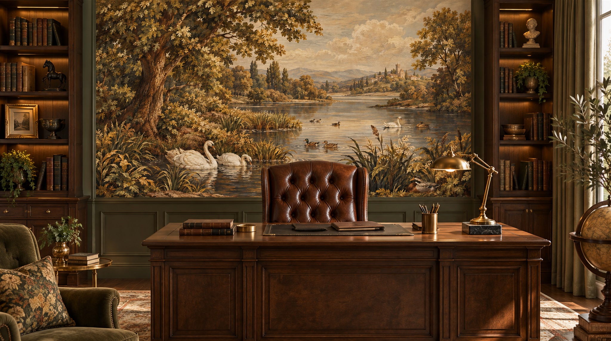 Brown And Red A Painterly Scenic View Living-room-wallpaper-murals, Shown In A Living Room, Peel-and-stick Finish