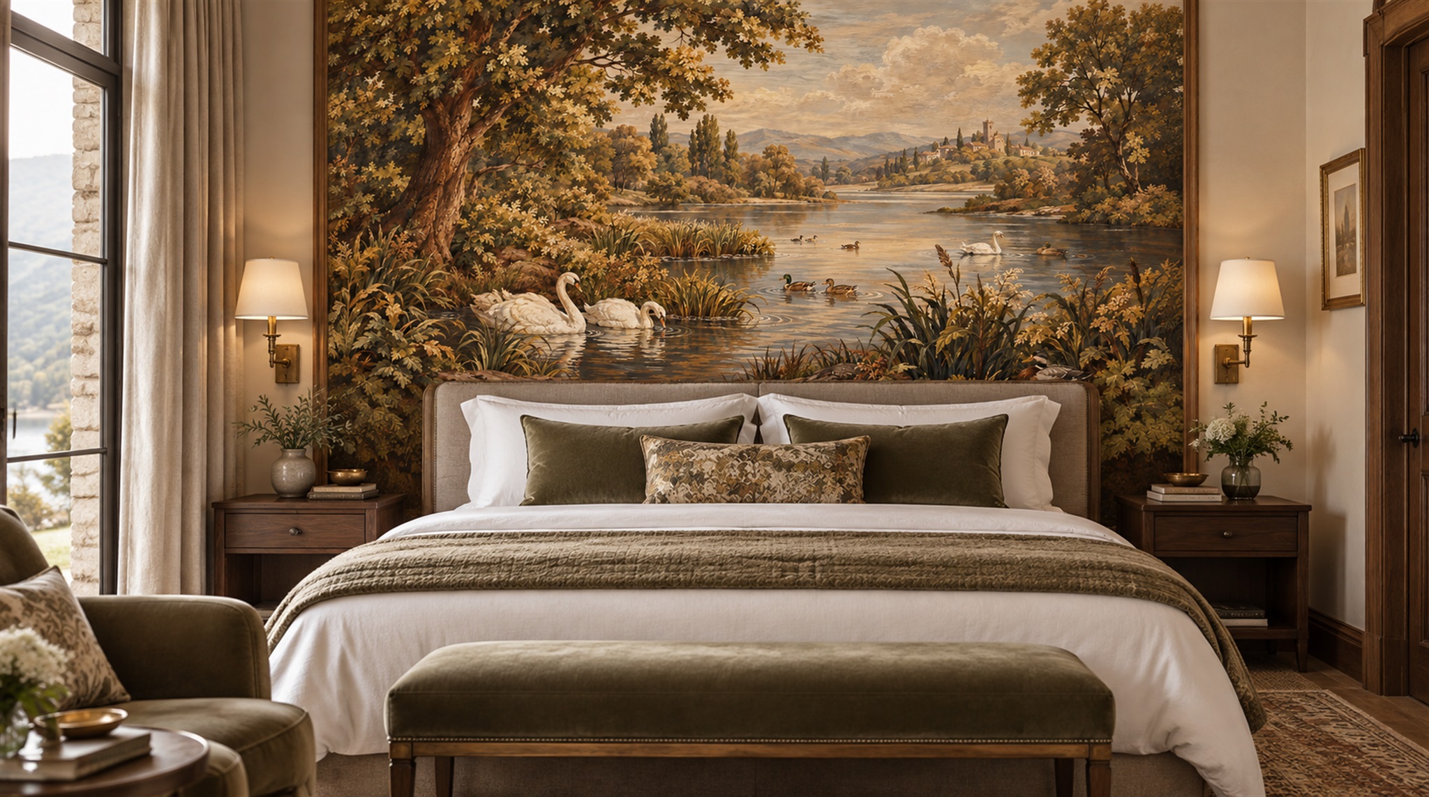 Brown And Red A Painterly Scenic View Accent-wall-wallpaper-murals, Peel-and-stick Finish
