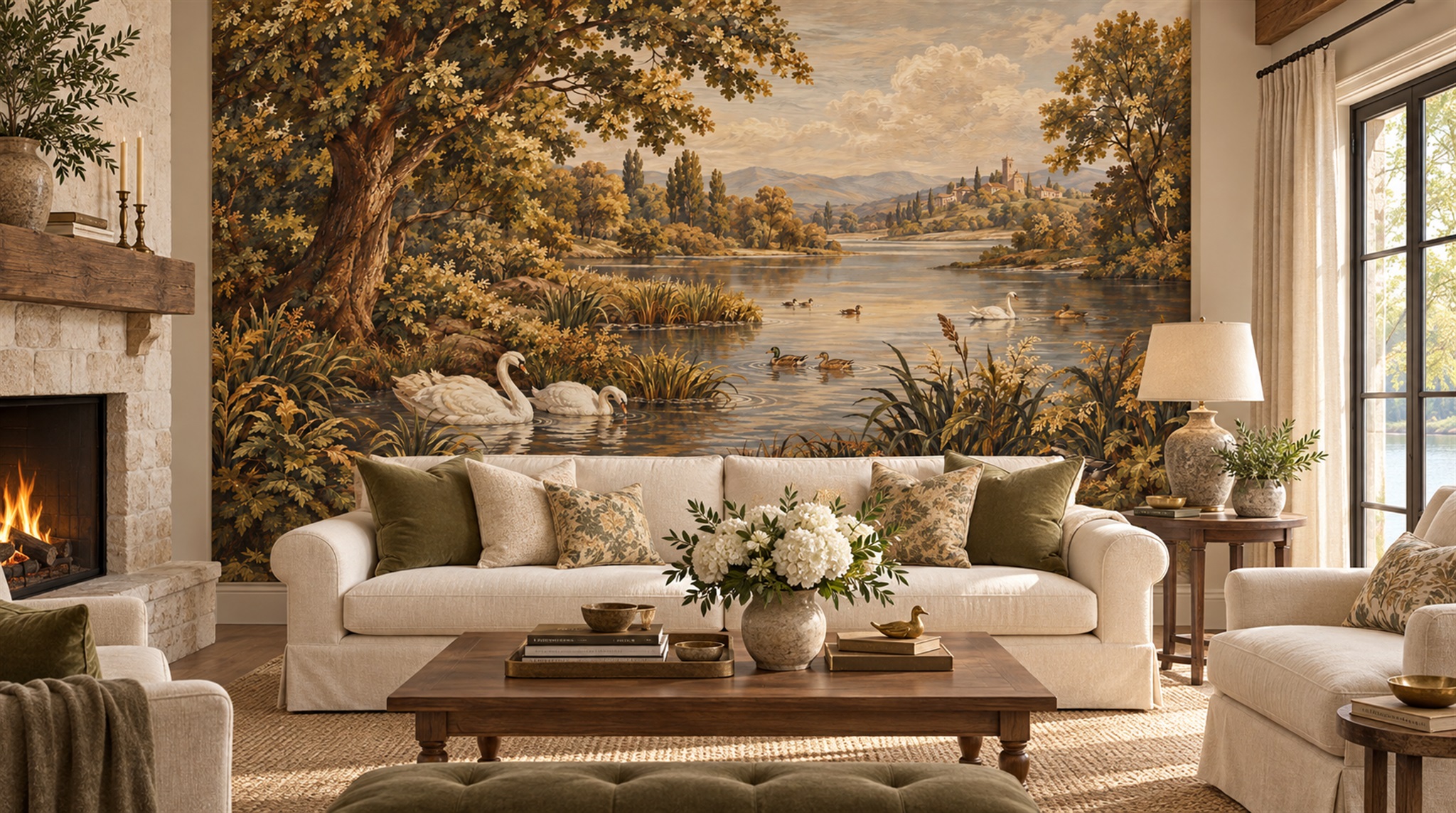 Brown And Red A Painterly Scenic View Office-wallpaper-murals, Shown In A Home Office, Peel-and-stick Finish
