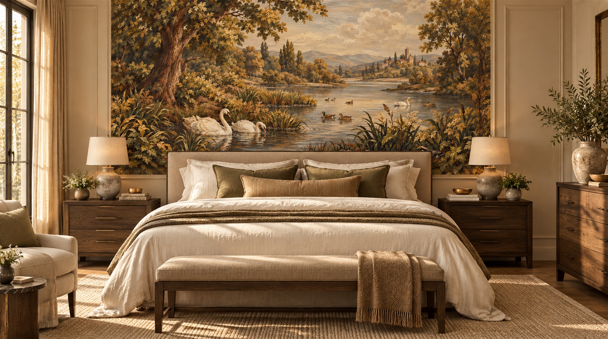 Brown And Red A Painterly Scenic View Dining-room-wallpaper-murals, Shown In A Dining Room, Peel-and-stick Finish