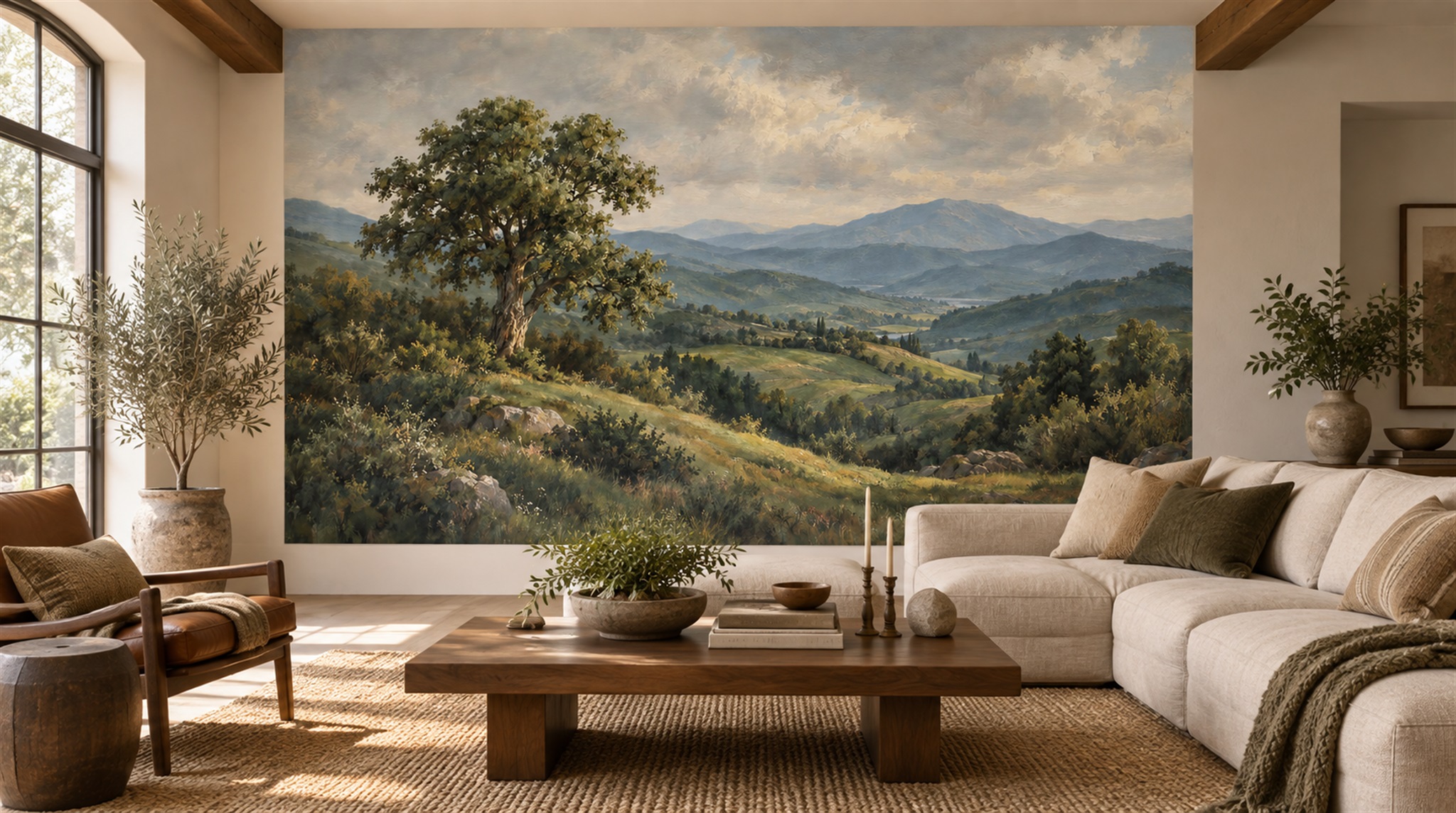Red And Blue A Painterly Scenic View Textured Wallpaper Office-wallpaper-murals, Shown In A Home Office, Peel-and-stick Finish