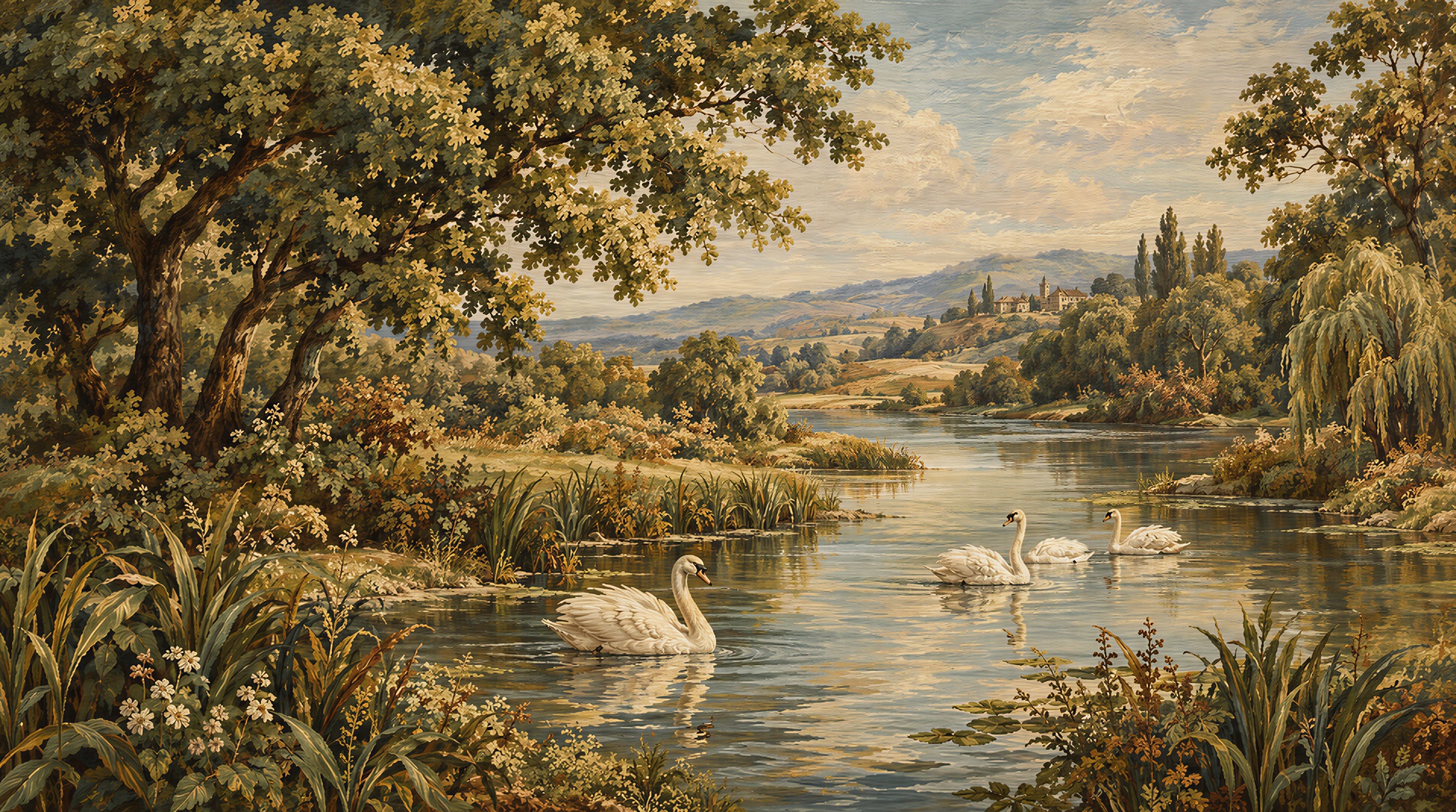 White Swans And Golden Reeds Wallpaper Mural — Wallpaper Mural Design, Peel-and-stick Finish