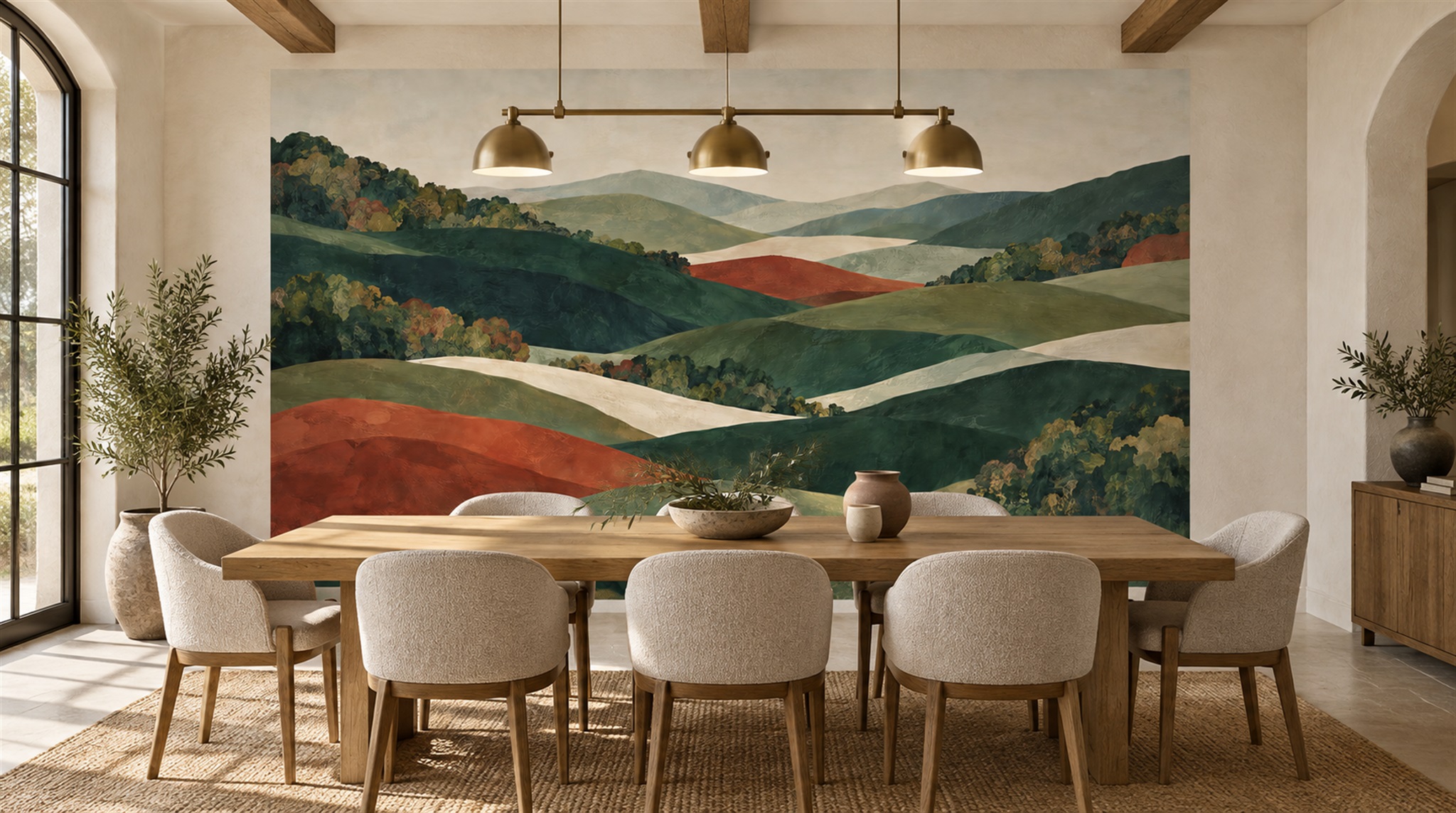 Red And Neutral Decorative Patterning Atmospheric Wallpaper Mural Bedroom-wallpaper-murals, Peel-and-stick Finish