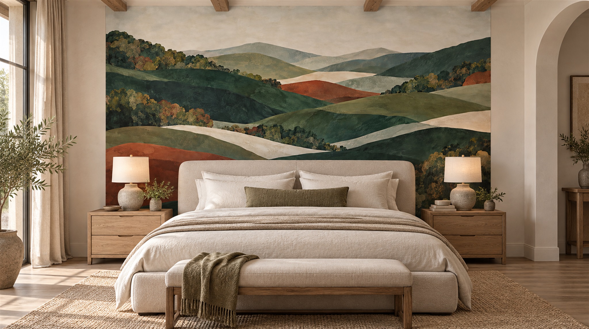 Red And Neutral Decorative Patterning Atmospheric Wallpaper Mural Dining-room-wallpaper-murals, Shown In A Dining Room, Peel-and-stick Finish
