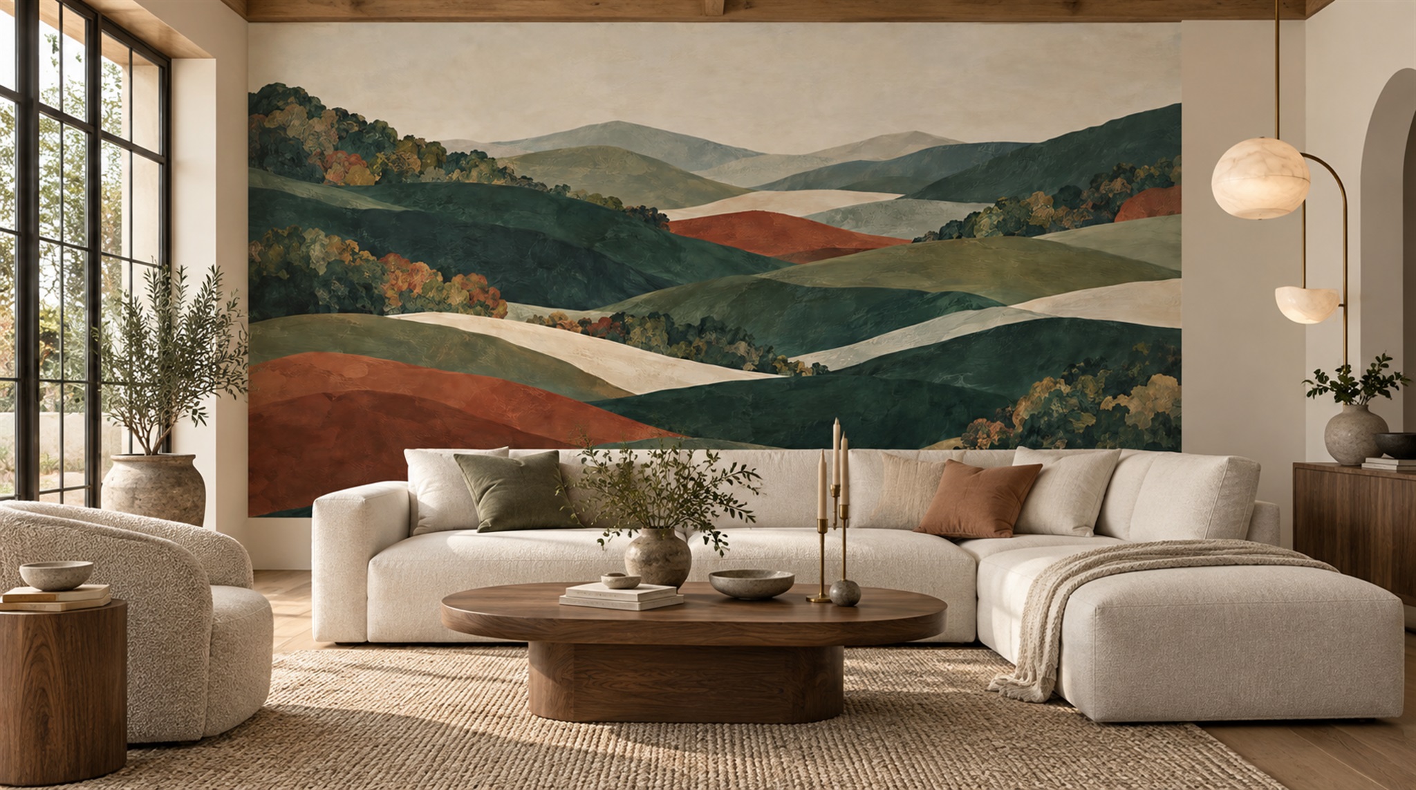 Red And Neutral Decorative Patterning Atmospheric Wallpaper Mural Office-wallpaper-murals, Shown In A Home Office, Peel-and-stick Finish