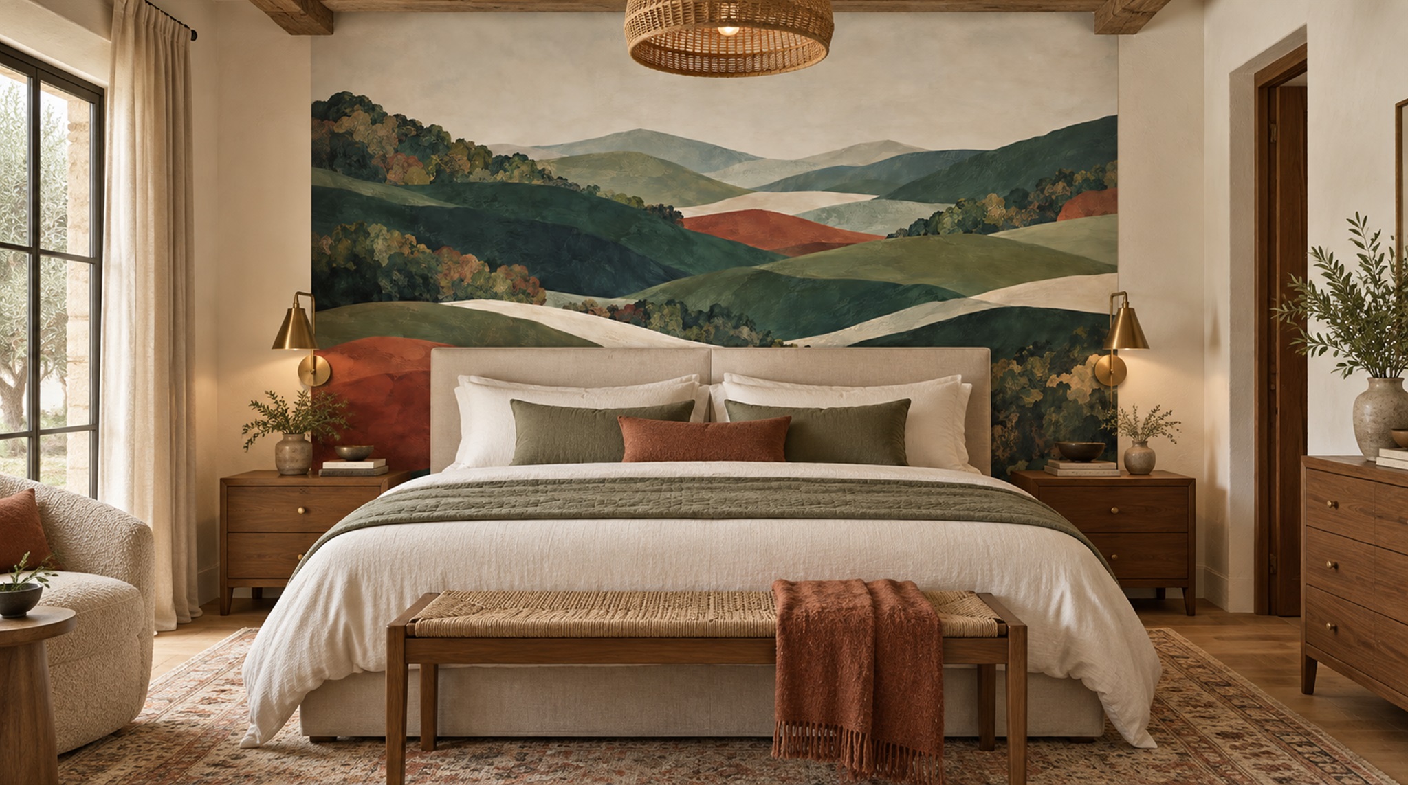 Red And Neutral Decorative Patterning Atmospheric Wallpaper Mural Feature-wall-wallpaper-murals, Peel-and-stick Finish