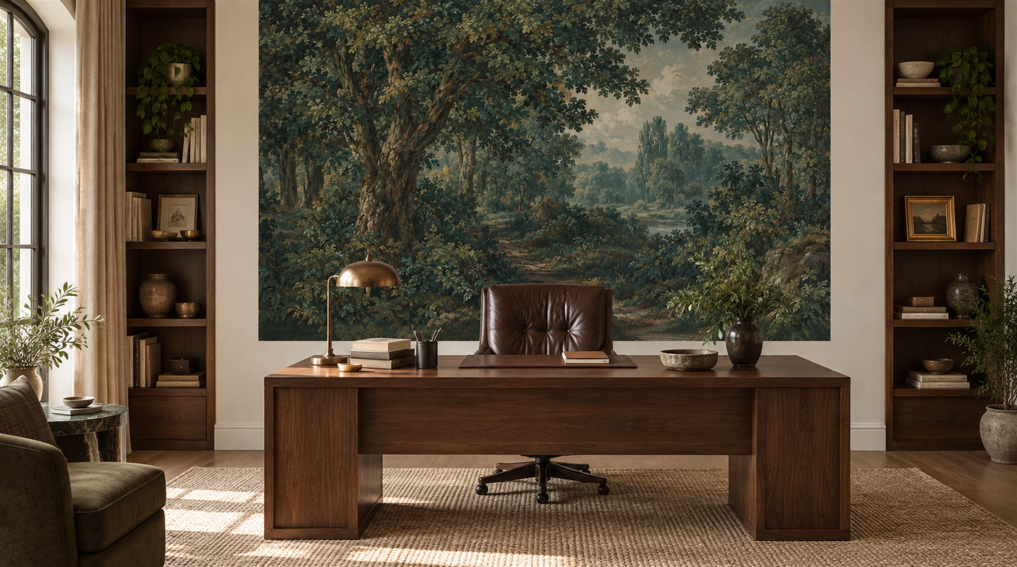 Red And Teal Woodland Trees Forest Wallpaper Mural Living-room-wallpaper-murals, Peel-and-stick Finish